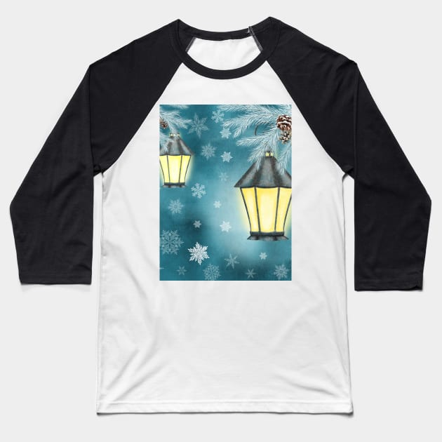 Antique streetlamps watercolor illustration. Winter snowflakes fantasy background. Vintage streetlights. Spruce tree branches Baseball T-Shirt by likapix